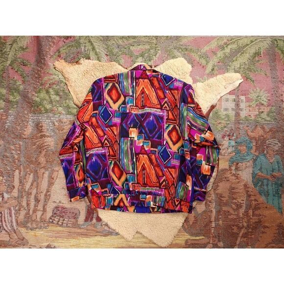 Vtg 1980s Purple Abstract Print Bold Geometric Statement Jacket Sz S Rockabilly - Picture 4 of 6